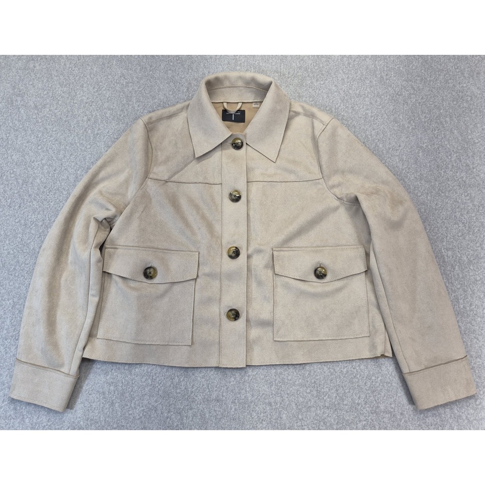 Tahari Faux Leather Jacket Women Large Beige Utility Cropped Button Front Pocket